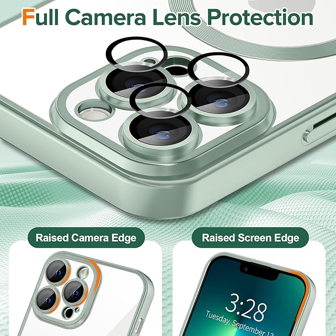 Hython Magnetic Clear for iPhone 13 Pro Case with Camera Lens Protector [Compatible with MagSafe] Luxury Plating Edge Slim Soft TPU Cover Protective Phone Case for iPhone 13 Pro 6.1", Matte Mint