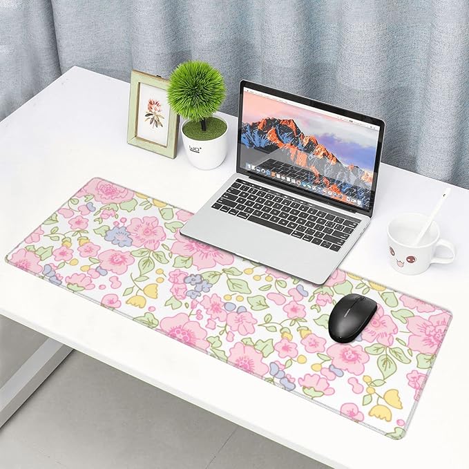 Cute Flowers Pink Floral Gaming Mouse Pad Large XL Desk Mat Long Extended Pads Big Mousepad for Home Office Decor Accessories 31.5 X 11.8 Inch