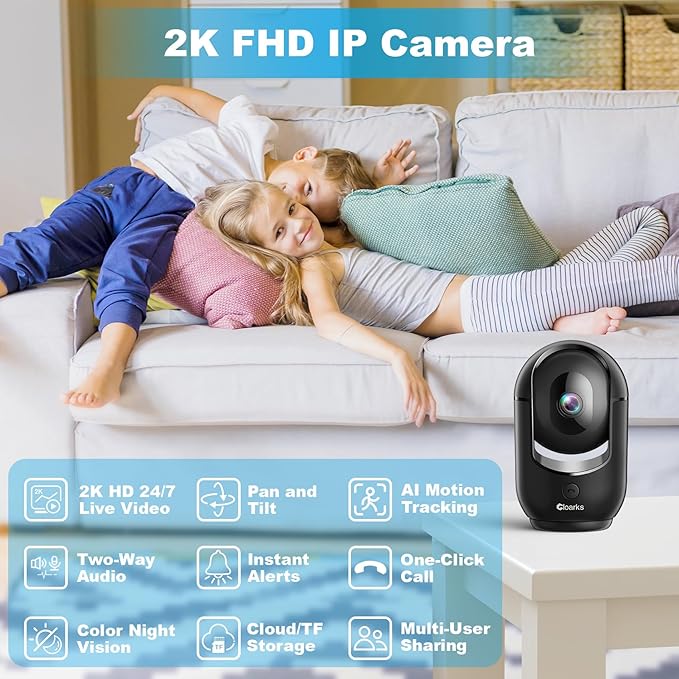 Cloarks 2K Pan/Tilt Security Camera, WiFi Indoor Cameras for Home Security with AI Motion Detection, Pet/Dog/Baby Camera with Phone App, 2-Way Audio, 24/7, Siren, TF/Cloud Storage (Black)