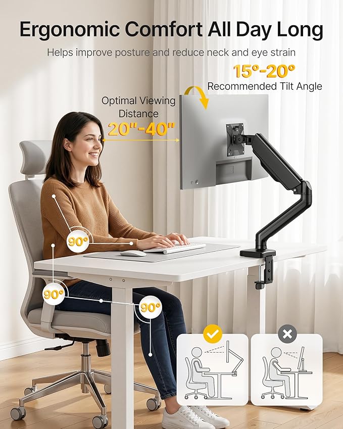 monTEK Heavy Duty Single Monitor Arm for 17-32” Flat/Curved Screens, Premium Mechanical Spring Monitor Arm up to 19.8 lbs, Full Motion Monitor Desk Mount with Quick-Release VESA Plate, Clamp/Grommet