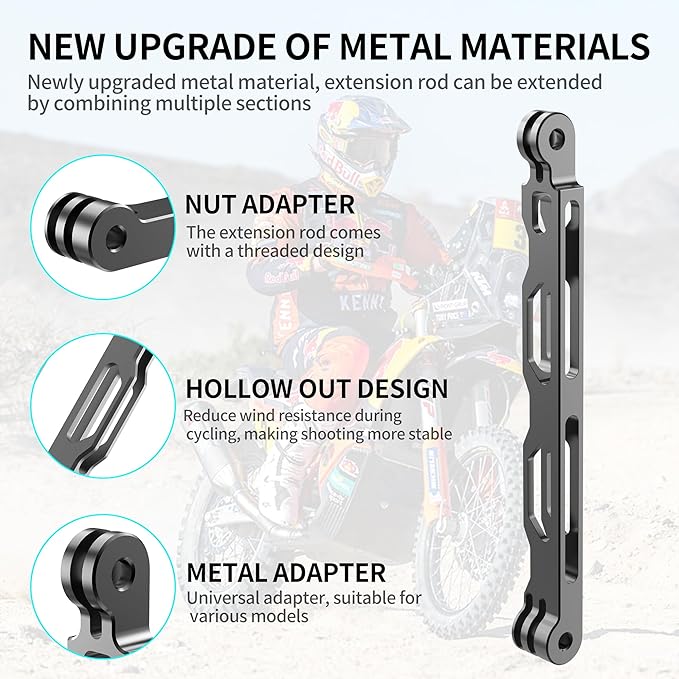 3-in-1 Aluminum Extension Arms for GoPro Hero 13/12/11/10/9/8/7, Universal Extension Bar for Insta360 X5/X4/X3/ONE RS and DJI Action Cameras with Thumb Screws and 1/4” Adapter