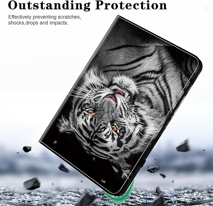 Case for iPad (A16) 11th Generation 11 Inch (2025), iPad 10th Generation 10.9 Inch (2022), Multi-Angle Viewing PU Leather Case with Elastic Band, Pencil Holder & Card Slots-Black Tiger