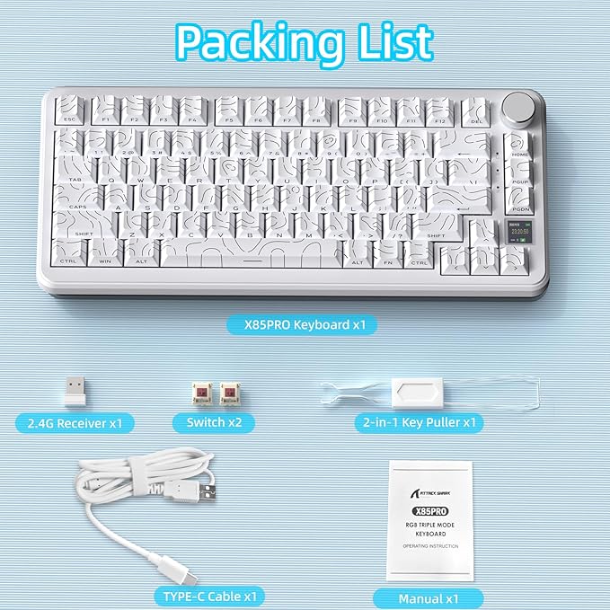 ATTACK SHARK X85PRO 75% Wireless Mechanical Keyboard,TFT Smart Display & Knob,BT/2.4GHz/Wired Gaming Keyboard,Contour Side Print Shine-through Keycaps,RGB,Hot-Swap,with Pro Cable, for PC/MAC (White)