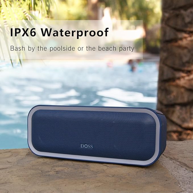 DOSS SoundBox Pro+ Bluetooth Speaker, Immersive 24W Stereo Sound with Booming Bass, IPX6 Waterproof, 15H Playtime, Mixed Colors Lights, Wireless for Backyard, Hiking, Garage, Party-Blue