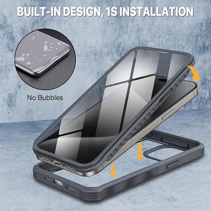 CENHUFO Privacy for iPhone 15 Pro Case, Full Body Phone Case with Built-in 9H Tempered Glass Privacy Screen Protector and Camera Lens Protector, Anti Peep Spy Shockproof Bumper Clear Cover - Grey