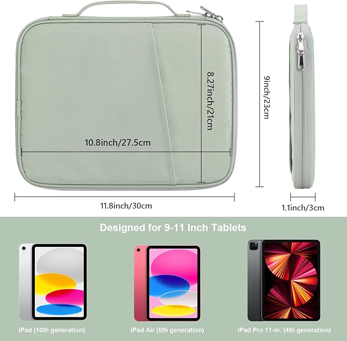 9-11 Inch Tablet Carrying Case, Padded Travel Sleeve Bag for iPad Pro 11-in (M4), iPad 10.9 (10th Gen), iPad Air 11-in (M2), Galaxy Tab S9/S8 (Mint Green-11)