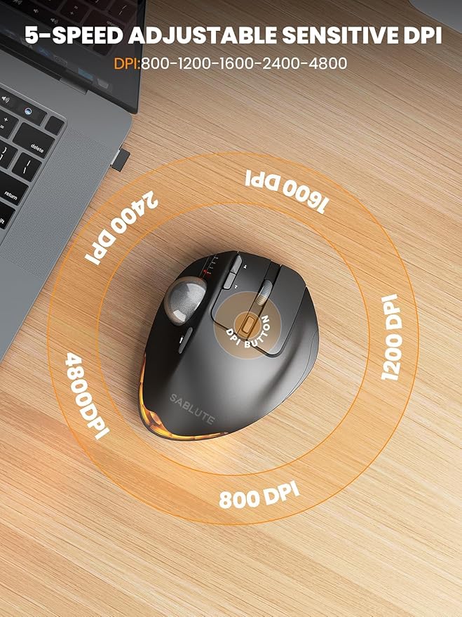 SABLUTE MAM1 Pro Ergonomic Wireless Trackball Mouse, Adjustable 0°/18° Angle, Thumb Control, Quiet Clicks, 3 Multi-Device Bluetooth & USB Receiver, Rechargeable Mouse for Office, Windows Mac