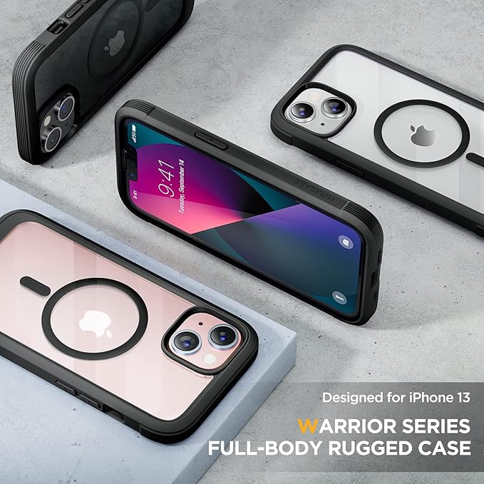 Miracase for iPhone 13 Case 6.1'',Full-Body Magnetic Clear Bumper Case with Built-in 9H Tempered Glass Screen Protector,Military Drop Protection Outdoor Phone Case,Black