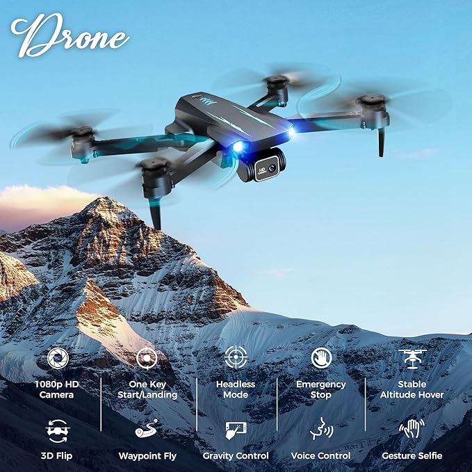 Drone with 1080P FPV Camera, Drone for Kids Adults with One Key Take Off/Land, Altitude Hold, 3D Flip, Waypoint Flight, Gestures Selfie, Gravity Control, 3 Speed, 2 Battery, Mini Drone with Camera for Kids 8-12 10-15, Beginners