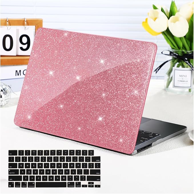 Funut Glitter Case for MacBook Air 13 Inch 2022 2021 2018 Release M1 A2337 A2179 A1932, MacBook Air 2020 Case, Women Girls Shiny Sparkle Bling PU Leather Hard Shell Cover & Keyboard Cover, Pink