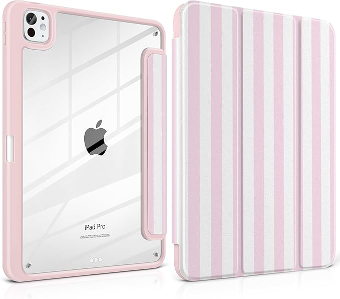 Case for iPad Pro 13 inch (M5) 2025 (M4) 2024 Release with Pencil Holder -Cute Pink White Striped Trifold Cover with Clear Back Auto Sleep/Wake, Aesthetic Soft Protective Skin for Girls Women