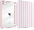 Case for iPad Pro 13 inch (M5) 2025 (M4) 2024 Release with Pencil Holder -Cute Pink White Striped Trifold Cover with Clear Back Auto Sleep/Wake, Aesthetic Soft Protective Skin for Girls Women