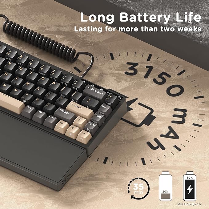 RK ROYAL KLUDGE RKS70 Ergonomic Split Keyboard, Wireless RGB Mechanical Keyboard with Bluetooth/2.4GHz/Wired, 75% Hot Swappable Gaming Keyboards with Fixed Wrist Rest, Pre-lubed Linear Creamy Switches
