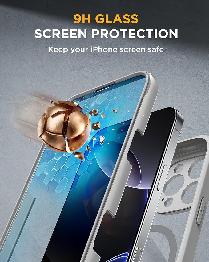 Miracase for iPhone 16 Pro Max Case 6.9'', [Bubble Free] Full-Body Phone case with Built-in Full Glass Screen &Lens Protector,Compatible with MagSafe,Drop Proof 16 Pro Max Cover, Grey