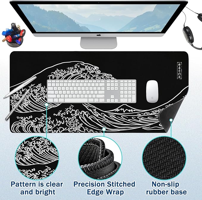 Gaming Mouse Pad - (31.5"×11.8") Kanagawa Waves Large Mouse Pads for Desk - Desk Mat for Keyboard and Mouse with Non-Slip Base, Desks Pad Matfor Game/Office & Home