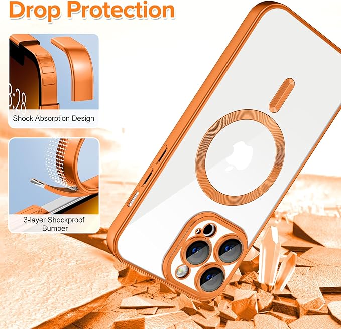Hython Magnetic Clear for iPhone 13 Pro Max Case with Camera Lens Protector [Compatible with MagSafe] Plating Edge Slim Soft TPU Cover Protective Phone Case for iPhone 13 Pro Max 6.7", Matte Orange