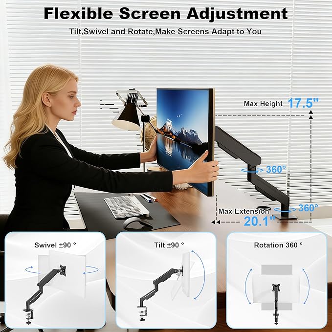 THEARK Single Monitor Desk Mount 17"-32" Screens - Adjustable Gas Spring Monitor Arm Computer Monitor Stand up to 19.8 lbs,VESA Arm Desk Mount with C-Clamp and Grommet Base,VESA 75x75/100x100mm,Black