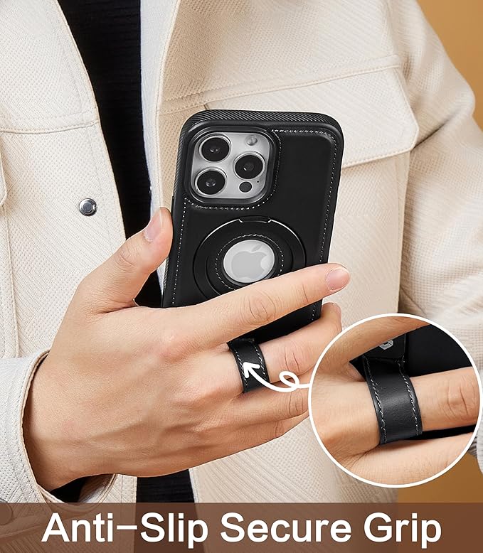 Butaiga for iPhone 12 Pro Max Leather Case with Stand, Anti-Slip Grip Ring, Fits for MagSafe (Black, iPhone 12 Pro Max)