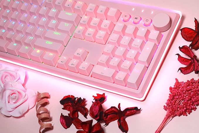 i-rocks K71M RGB Mechanical Gaming Keyboard with Media Control Knob, Switches (Brown), 107 Keys w/Full NKRO, PBT Keycaps, Multimedia Hotkeys, Detachable USB-C Cable and Onboard Storage, Pink