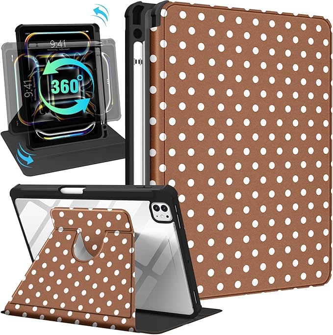 Uppuppy for iPad Pro M4/M5 Case 11 inch - 360 Degree Rotating Stand Folio Smart Cover with Pencil Holder for Women Girls, Brown Polka for iPad Pro 11 inch Case 2024 M4/2025 M5