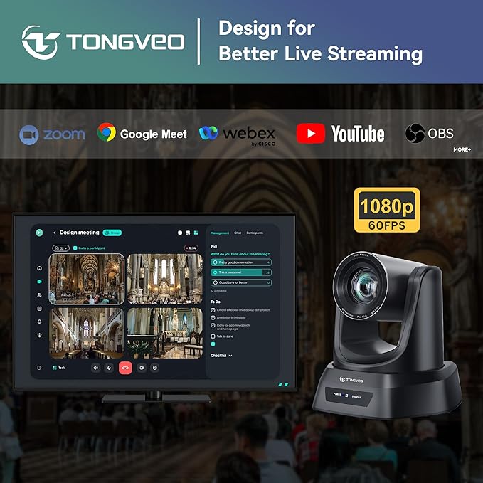 TONGVEO Conference Room PTZ Camera System with 20X Optical Zoom, AI Auto Tracking 1080P 60fps HDMI USB Webcam for Church Streaming Online Video Conference,Compatible with Zoom, OBS Easy Setup