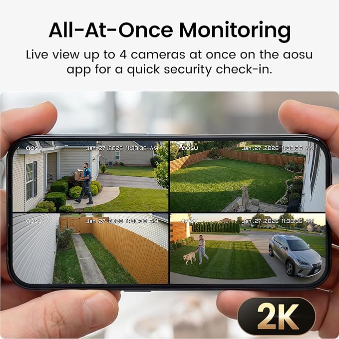 aosu Solar Security Cameras Wireless Outdoor Home System, True 2K HD, Cross-Camera Tracking, PIR + AI Human Detection, Color Night Vision, Local Storage, No Subscription Required, 6-Cam-Kit