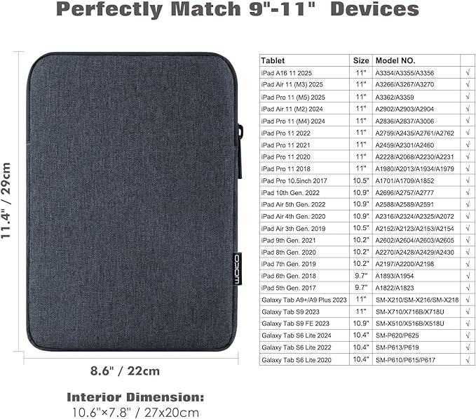 MoKo 9-11 Inch Tablet Sleeve Bag Carrying Case Fits New 11inch iPad Air M4, iPad A16 2025, iPad Pro 11 M4, Air 5/4/3, iPad 10/9/8th Gen, Tab S8/S9 11", Tablet Carrying Case, Space Gray | Carrying Case, Space Gray