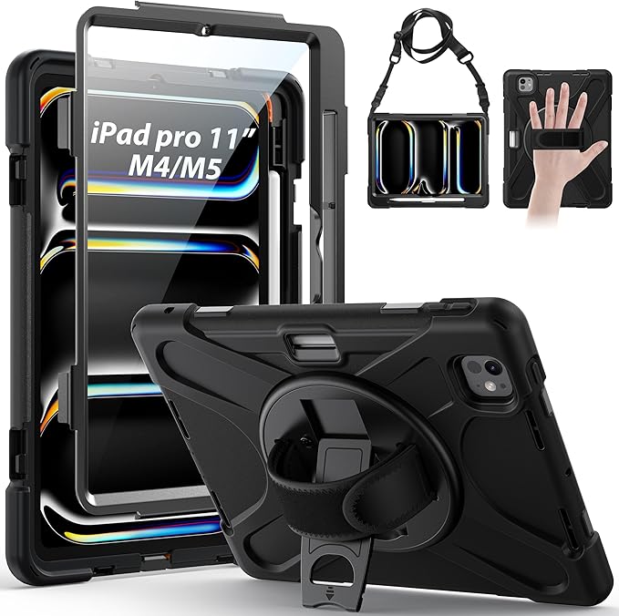 Gerutek Case for iPad Pro 11 inch Case M5 2025 / M4 2024, Shockproof Protective Heavy Duty Case with Screen Protector, Pencil Holder, 360°Rotating Stand, Hand Strap, Shoulder Strap- Black