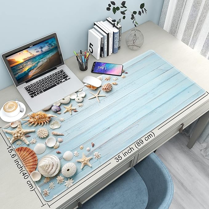 Desk Mat,Large Mouse Pad 35''×15.6'' XXL Extended Gaming Mouse Pad Mat with Non-Slip Base Stitched Eges Mousepad for Computer,Office,Keyboard and Laptop - Sea Shell