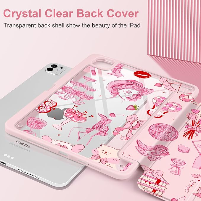Case for iPad Pro 13 Inch (M5 2025 M4 2024) – [Built-in Pencil Holder], Shockproof & Stylish, Clear Hard Back + Soft TPU Edge, Magnetic Trifold Stand, Auto Wake/Sleep, Cowgirl Pink