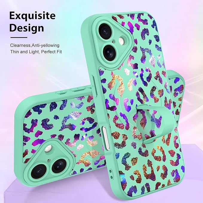 KANGHAR Compatible with iPhone 16 Case, Support for MagSafe, Silicone Cute Iridescent Leopard Cheetah Pattern, Wristband Kickstand Shockproof Protective Slim Cover for Women Girls, Green
