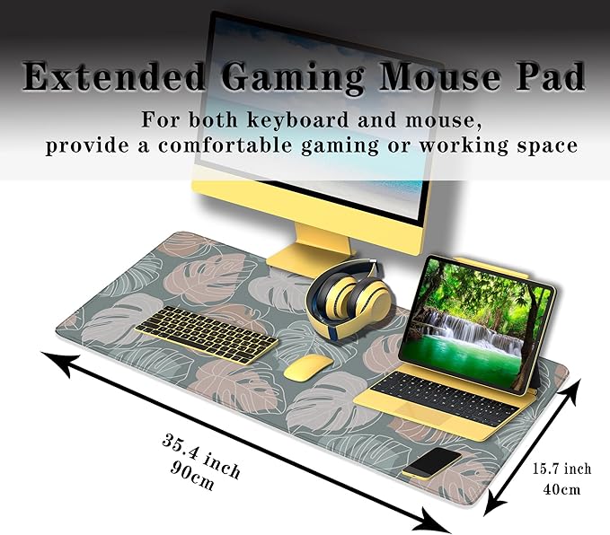 Large Desk Mat Green, Gaming Mouse Pads Office Desk Pad, Keyboard Desk Mat Non-Slip Rubber Base Waterproof with Stitched Edges, 35.4 X 15.7 inch for Work/Game/Office/Home Tropical Monstera