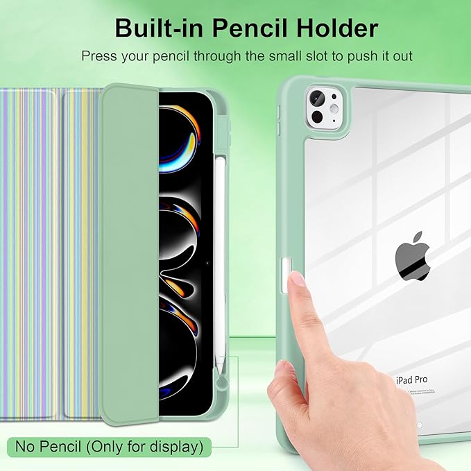 Case for iPad Pro 13 inch (M5) 2025 (M4) 2024 Release with Pencil Holder - Aesthetic Cute Design Trifold Cover with Soft TPU Bumper Clear Back Auto Sleep/Wake for Girls Women, Lines Green