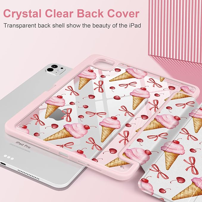 TWOLSKOO Case for iPad Pro 11-inch (M5 2025 / M4 2024), Clear Acrylic Back with TPU Bumper, Pencil Holder, Trifold Stand, Auto Sleep/Wake, Ice Cream & Bows