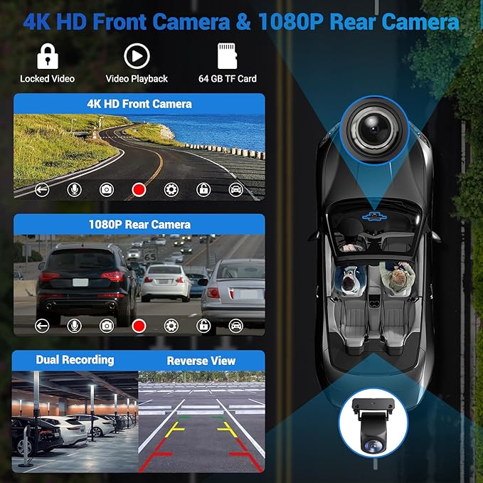 Wireless Apple Carplay Screen for Car with 4K Dash Cam, 10.26" Portable Apple Carplay & Android Auto, HD Touchscren with 1080p Backup Camera, Voice Control/Mirror Link/GPS/BT/FM