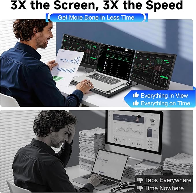 Laptop Screen Extender, 14" FHD 1080P Triple Portable Monitor for Laptops, Stretchable Base and Detachable Screen, Plug & Play, Monitor Extender for 13–17.3" Laptops, Compatible with Window/Mac/Chrome