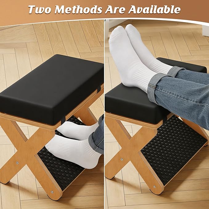 Wood X-Legs Foot Stool Ottoman, Multi-Purpose Small Ottoman with Pebble Massage Surface and Non-Slip Foot Pads，Sturdy Solid Wood Frame Padded Seat Footrest for Office，Living Room & Bedroom