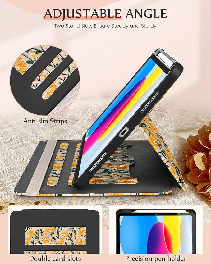 Uppuppy for iPad 10th Generation Case, for iPad (A16) 11th Generation Case - Women Girls Cute Embroidered Folio Stand Cover with Pencil Holder & Card Slot Design Aesthetic Girly Kawaii Yellow Daisy