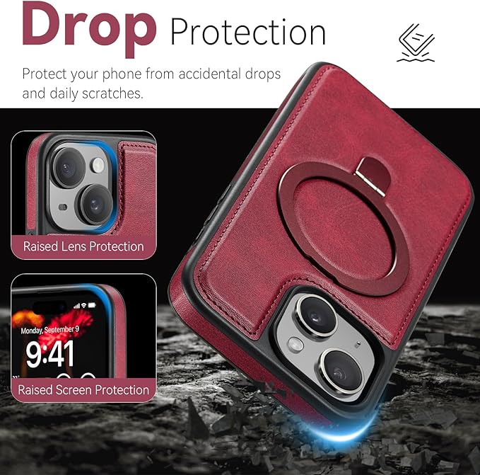 for iPhone 15 Case with Stand Compatible with Magsafe Slim PU Leather & Durable TPU Drop Proof Magnetic Kickstand Protective Phone Cover with Tempered Glass Screen Protector 6.1", Red