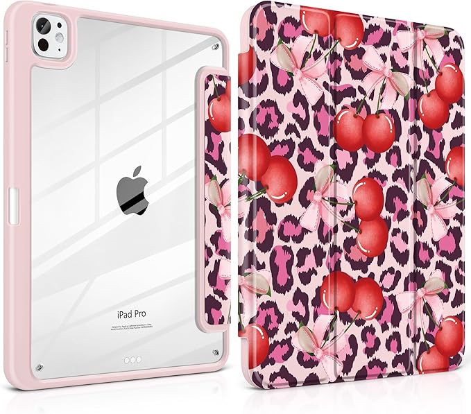 Case for iPad Pro 11 inch (M5) 2025 (M4) 2024 Release with Pencil Holder - Aesthetic Cute Design Trifold Cover with Soft TPU Bumper Clear Back Auto Sleep/Wake for Girls Women, Leopard Print