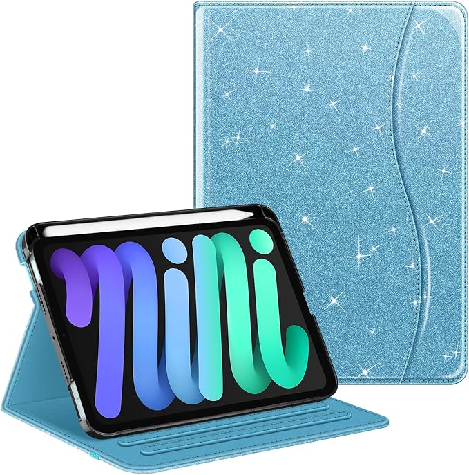 Fintie Folio Case for iPad Mini 7 (A17 Pro, 7th Generation) 2024 / iPad Mini 6 (6th Gen) 8.3 Inch, Multi-Angle Smart Stand Cover with Pencil Holder & Pocket, Auto Sleep/Wake, Glittering Blue