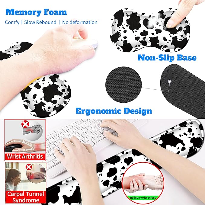 4-Piece Extended Large Mouse Pad Set for Women Men with Cow Print Design Includes 35.4 x 15.7 XXL Large Mouse Pad Keyboard Wrist Rest Mouse Wrist Support and Coaster for Office Home
