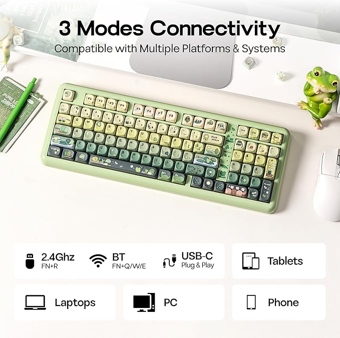 KiiBoom Phantom98 Lite 96% Wireless Mechanical Gaming Keyboard, VIA Programmable, Creamy Keyboard with Gasket, 8000mAh Battery, Hot Swap, RGB Backlits, NKRO for Win/Mac (Green, Mossy Silent Switch)