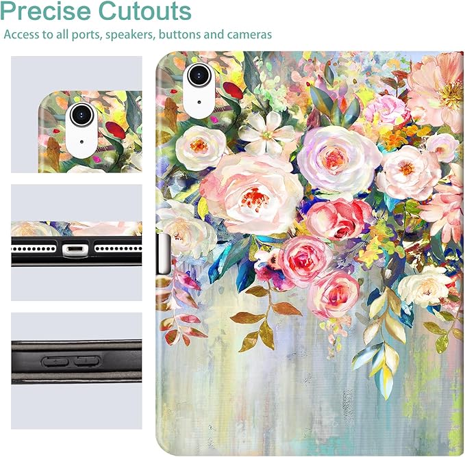 for iPad (A16) 11Th/10Th Generation Case 2025/2022, for iPad A16 Case 11th/10Th Generation 360 Degree Rotating Pencil Holder, Auto Wake/Sleep 4 Viewing Angles Slim Cover, Oil Painting Flowers