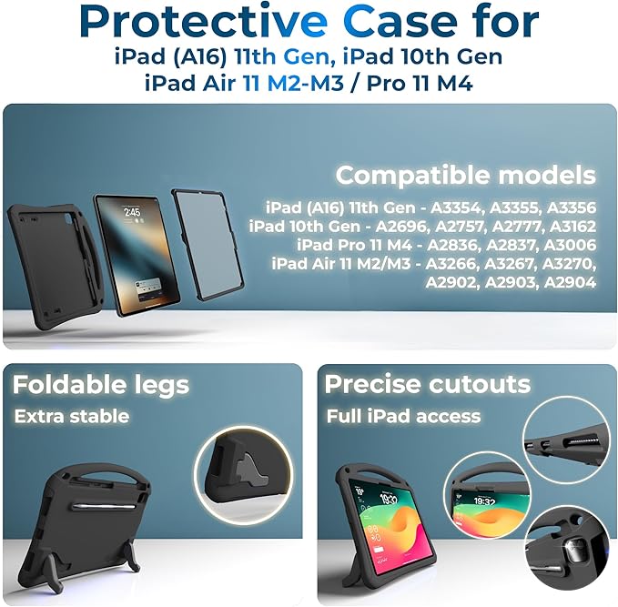 Bam Bino Space Suit, iPad Air 11 Inch Case Kids(M2/M3/M4), iPad Pro 11-inch(M4/M5), iPad A16(11thGen), iPad 10thGeneration, Built-in Screen Protector, Handle, Kick Stand, Shoulder Strap (Cosmic Black)