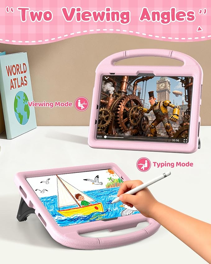 Kids Case for iPad A16 11th Gen 11-Inch 2025 & iPad 10th Generation (10.9" 2022), Durable Shockproof Fully-Body Cover with Screen Protector/Pencil Holder/Stand/Handle for Kids, Light Pink
