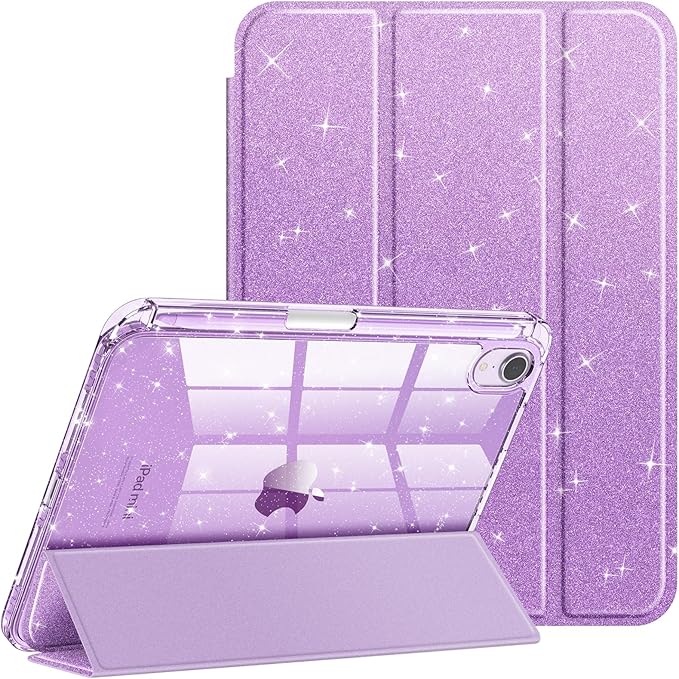 Fintie Slim Case for iPad Mini 7 (A17 Pro, 7th Generation) 2024 / iPad Mini 6 (6th Gen) 8.3 Inch - [Built-in Pencil Holder] Glittering Sparkly Shockproof Cover w/Shiny Clear Back Shell, Purple