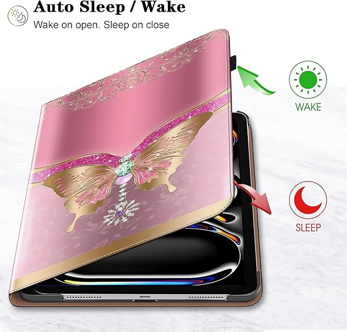 Case for iPad Pro 13 inch (M5/M4) 2025/2024, Premium Leather Folio Stand Protectors Cover with Auto Wake/Sleep, Pencil Holder, Hand Strap and Card Slots - Pink Butterfly