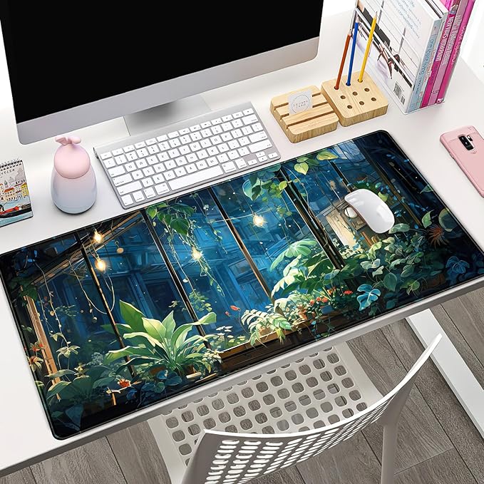 Plant Desk Mat Green Big Mouse Pad Large Gaming Mousepad Extended Keyboard Pad City View Aesthetic Desk Pad XXL Mouse Mat 31.5''X15.7'' Office Decor Cute Desk Accessories for Women