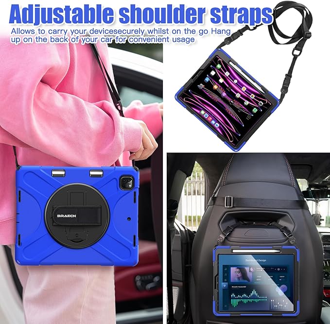 BRAECNstock Case for Apple iPad Air 13 inch (M4/M3/M2)/ iPad Pro 12.9 inch 6th/5th/4th/3rd Gen, Shockproof Protective Kids Case with Pencil Holder, 360° Rotating Stand&Hand Strap, Shoulder Strap, Blue